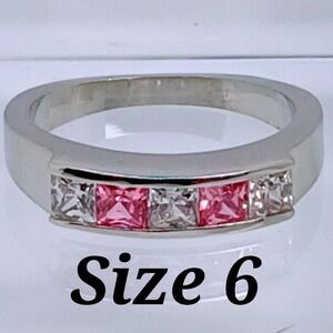 Vintage 90s Pink Clear Princess Cut CZ Channel Set Silver Tone Band Ring Size 6